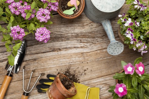 Lawn mowing service provider working in a Hampstead backyard